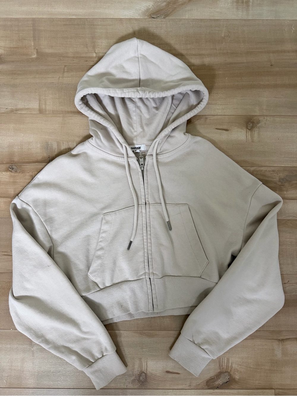 Garage Cropped Zip-Up Hoodie Jacket in Light Beige